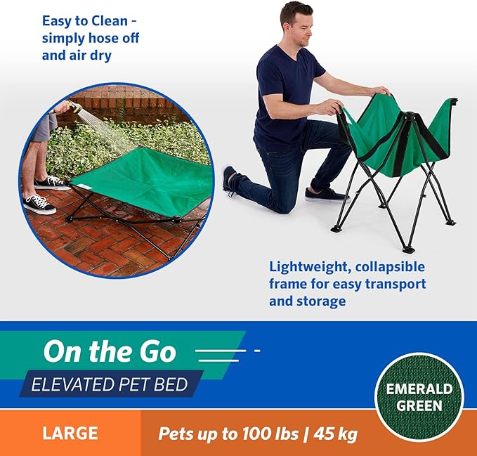 Coolaroo On-The-Go Elevated Dog Bed - Foldable Pop-Up Travel Dog Bed with Breathable, Moisture-Resistant Fabric, Carry Bag Included, Lightweight & Portable, Emerald Green, Large
