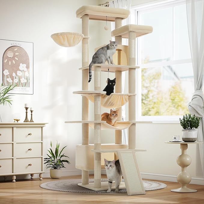 Large Cat Tree for Big Cats & Multi-Cat Homes, 81 Inch Tall Cat Tower with Sturdy Metal Hammock, 6 Sisal Scratching Posts, 2 Cozy Condos, 2 Top Perches - Multi-Level Cat Tower, Beige