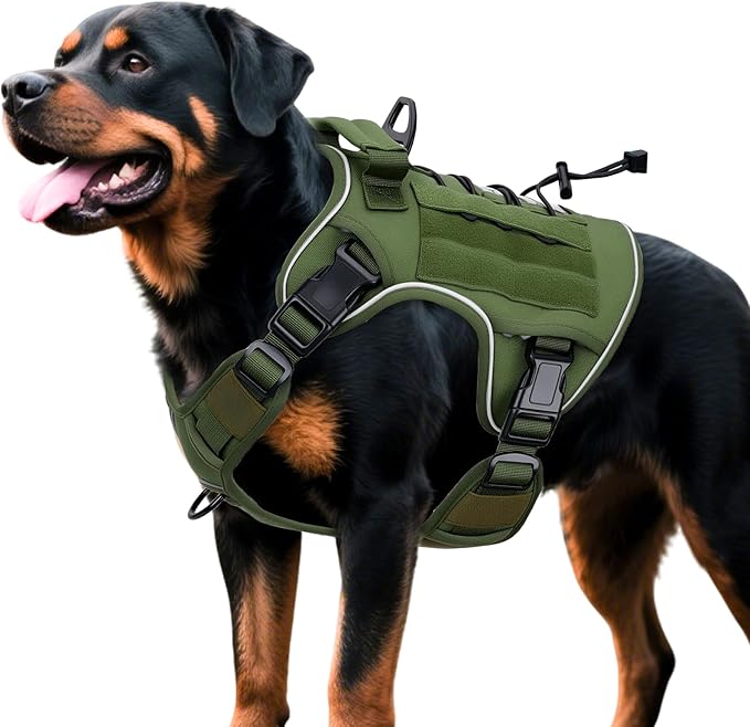 Heavy-Duty Tactical Dog Harness for Large Dogs, No Pull Adjustable Reflective Pet Vest with Molle System, K9 Military-Grade Control for Service Training, Outdoor & 10+ Breeds, Green, X-Large