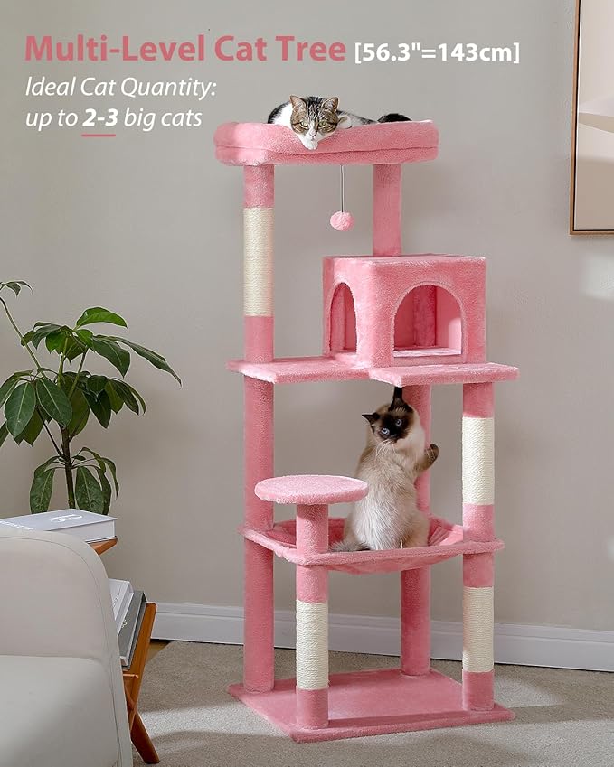 Cat Tree for Large Cats with Metal Plush Big Hammock, 56.3" Cat Tower for Indoor Cats with 2 Door Condo House, 6-Tier Cat Shelves with Scratching Posts and Large Top Perch, Pink