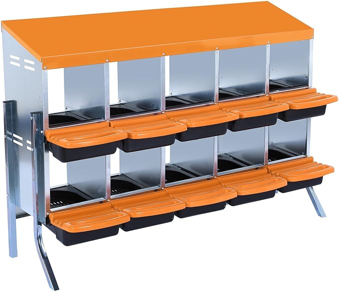 Chicken Nesting Boxes, 10 Hole Metal Chicken Laying Box with with Removable Trays and Roll Out Egg Collection for Chicken Coop, with Metal Bracket, Orange