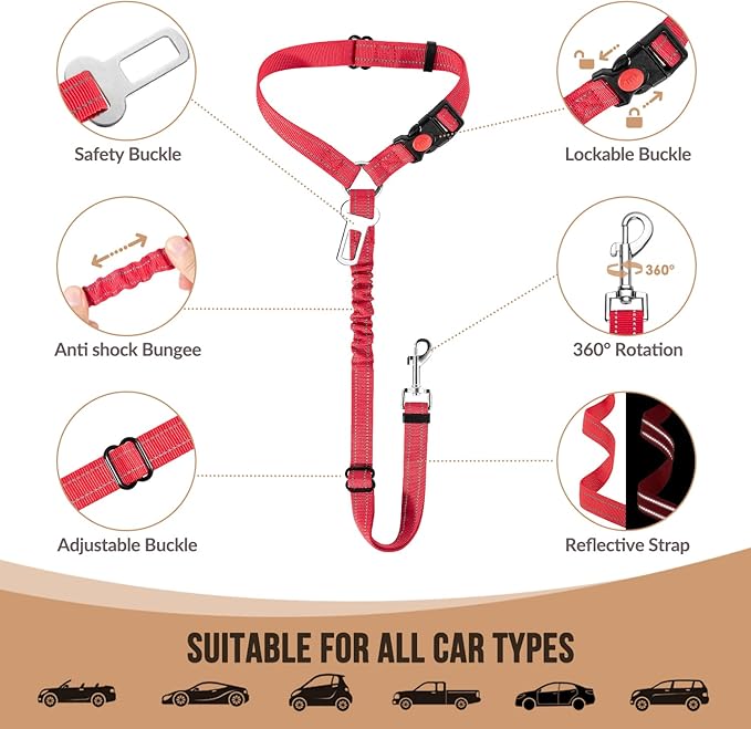SlowTon Dog Seat Belt for Car, 2 Pack Dog Car Harness Seatbelt Adjustable with Elastic Bungee Buffer, 2 in 1 Pet Car Leash Headrest Restraint Dog Reflective Safety Tether (S, Red, Headrest+Clip)