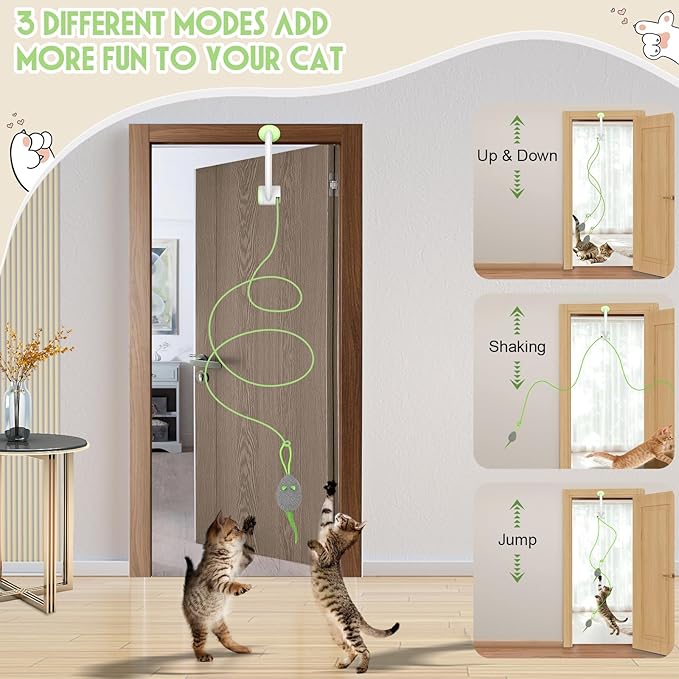 Cat Toy Interactive for Indoor Cats, Smart USB Rechargeable Door Hanging Automatic Retractable Kitten Toys, Teaser Electronic Self Play Feather Cat String Toy Attached with 3 Catnip Mice Green