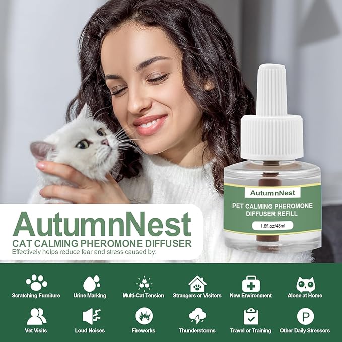 Cat Calming Pheromone Diffuser Refills, 4 Pack 48ml, Helps Relieve Cat Anxiety, Reduce Stress, Aggression, Fighting, Spraying, Scratching, Supports Cats During Vet Visits, Travel, Multi-Cat Homes