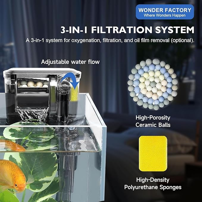 Desktop Glass Fish Tank 1.25 Gallons Small Aquarium Set, Self Cleaning Filter System Bright LED Light Gravel Plant Cleaning Tool, Betta Small Space Kit Easy Setup Space Saving Design