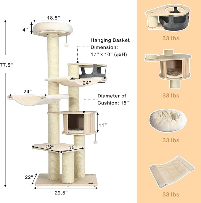 PETSITE 77.5" Tall Cat Tree, Multi-Level Modern Cat Tower with Sisal Scratching Posts, Top Perch, Cat Condo, Hammocks, Hanging Basket, and Jingling Balls, Cat Tree Tower for Indoor Cats Large Adult