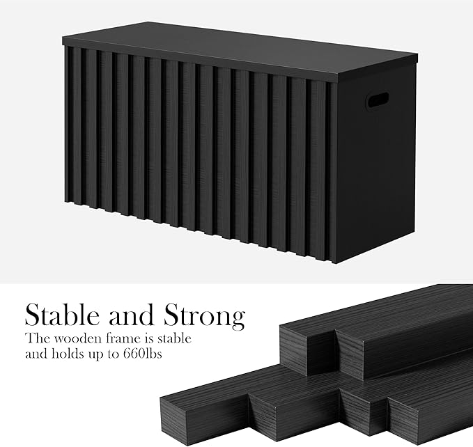 UEV Storage Bench,39.4" Wood Box, Storage Trunk with 2 Safety Hinges, Ottoman Storage Chest, Fluted Storage Bench for Bedroom, Entryway, Living Room(Black)
