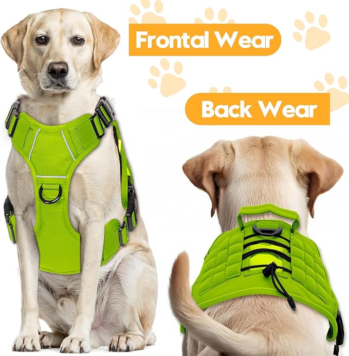 Heavy-Duty Tactical Dog Harness for Large Dogs, No Pull Adjustable Reflective Pet Vest with Molle System, K9 Military-Grade Control for Service Training, Outdoor & 10+ Breeds, Wild Lime, XX-Large