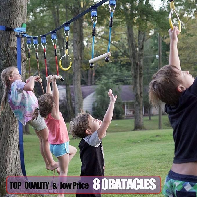 2×56ft Ninja Warrior Obstacle Course for Kids - 600 lbs Weight Capacity, Slackline Obstacle Course with 8 Ninja Accessories - Monkey Bar, Rope Ladder, Gymnastic Ring, Arm Trainer and Monkey Fist