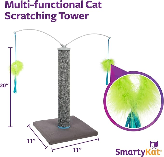 SmartyKat Scratch 'N Spin Carpet Cat Scratching Post with 2 Spinning Wand Toys, Plus 2 Replacement Wands - Gray & Blue