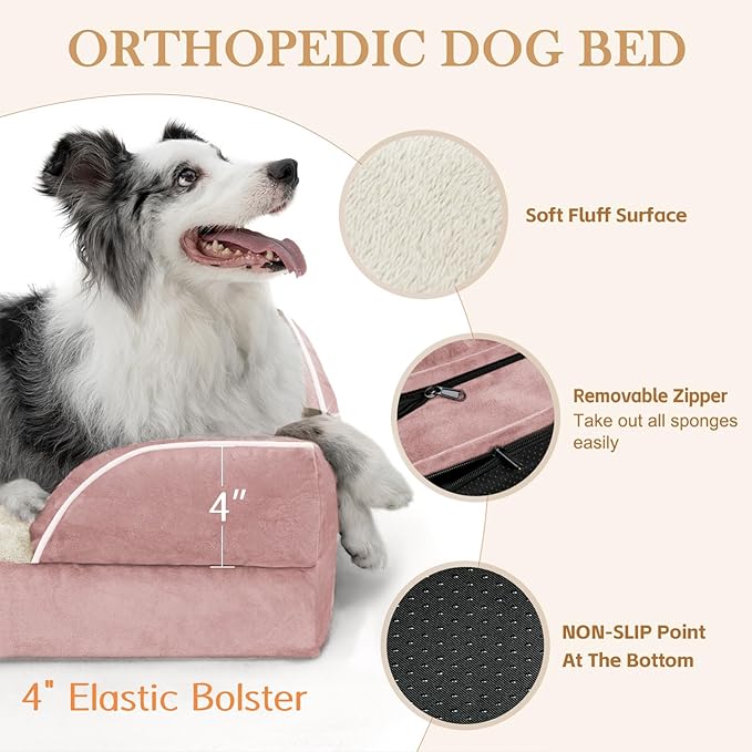 Comfort Expression Large Dog Beds Waterproof Orthopedic Foam Dog Sofa Beds Comfy Pet Bed with Washable Removable Cover & Non-Slip Bottom(Large,Pink)