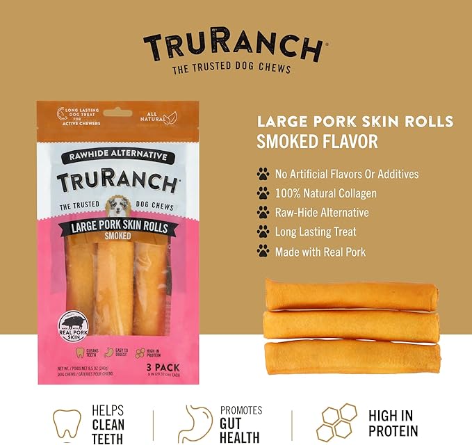 Large Pork Skin Rolls - Smoked Collagen Rolls - Collagen Chews for Dogs - Real Pork Skin - Rawhide Alternative - Easy to Digest Treat, 1 Bag, 3 Count