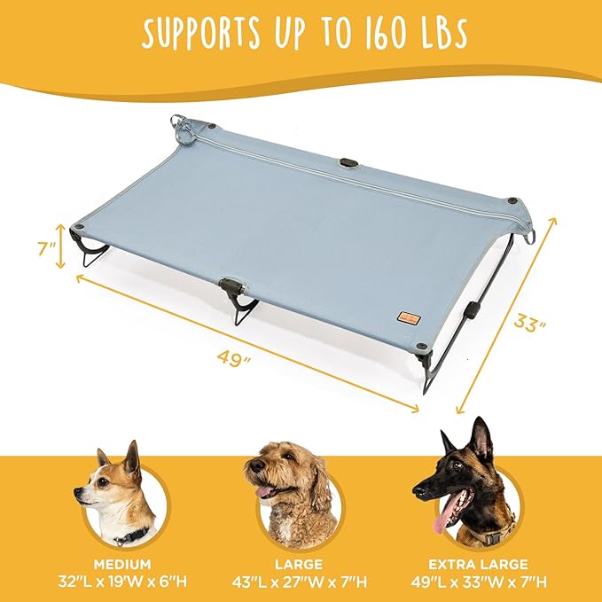 Daisy Cot, XL Foldable Elevated Dog Bed, Portable Raised Outdoor Folding Dog Cots, Cooling, Chew Proof, Waterproof, Heavy Duty Up to 160 lbs for Camping/Home, Grey, 49"x 33"x7"