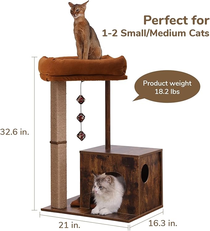 FUKUMARU Cat Scratching Post, Modern Style Cat Tree with Unique Square Post, Wooden Cat Tower with silvervine Balls, Retro Cat Condo Scratcher for Indoor Cats（Solid Wood）