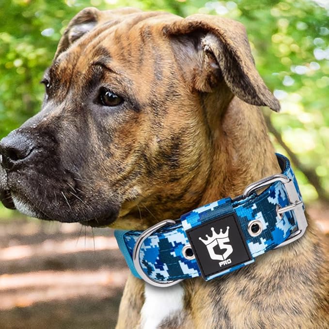 TSPRO Tactical Dog Collar 1.5 Inch Wide Thick Dog Collars with Heavy Duty Metal Buckle, Durable, Strong, Adjustable for Medium to Large Dogs (Camo Blue L)
