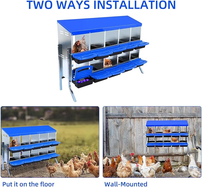 Chicken Nesting Boxes, 10 Hole Metal Chicken Laying Box with with Removable Trays and Roll Out Egg Collection for Chicken Coop, with Metal Bracket, Blue
