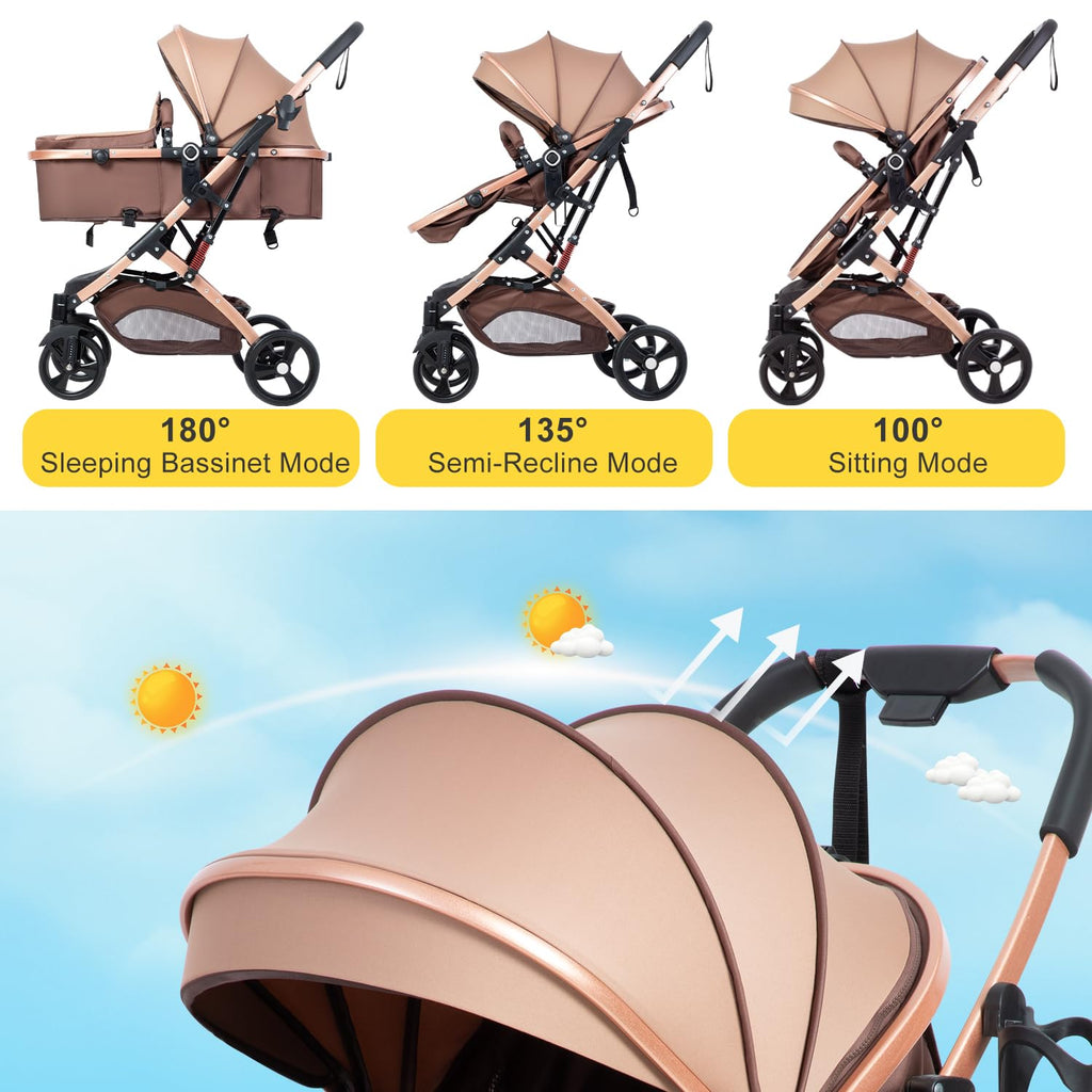 2 in 1 Baby Stroller Newborn Foldable Pushchair with Adjustable Canopy Folding High Landscape Infant Carriage, Anti-Shock Toddler Pushchair