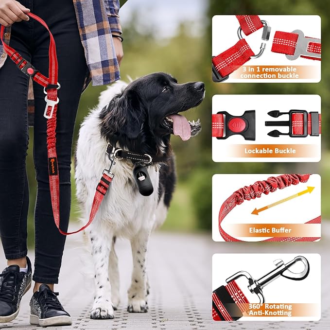 Removable Dog Seat Belt Harness for Car, 3 in 1 Pet Dog Car Seatbelt Leash, Retractable Restraint Secures to Vehicle Headrest & Adjustable Reflective Bungee Dog Seatbelt Tether, Red