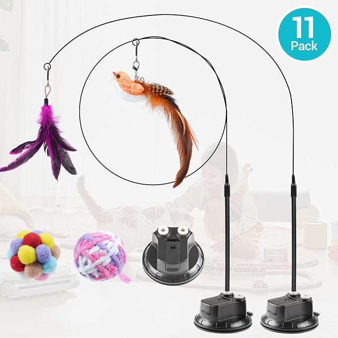 ROSAUI 11-Pack Cat Toy Set with Suction Cup Base and Wire Teasers – Interactive Bird and Feather Attachments with Yarn Balls for Cats and Kittens – Indoor Cat Fun and Exercise
