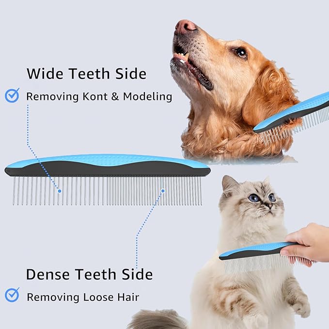 YINGFAN Dog Comb, Stainless Steel Dematting Comb for Dogs and Cats, Non-Slip Handle Dog Combs for Grooming Matting (Blue)