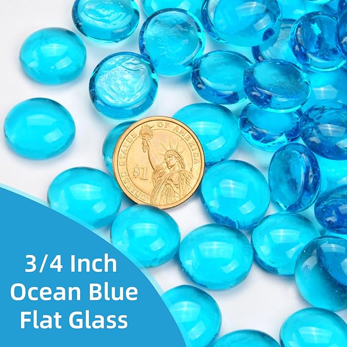 5LB Ocean Blue Flat Glass Marbles for Vases, Gemstone Beads Vase Filler Decorative Glass Pebbles for Fish Tank, DIY Crafts, Aquarium Decor Rocks