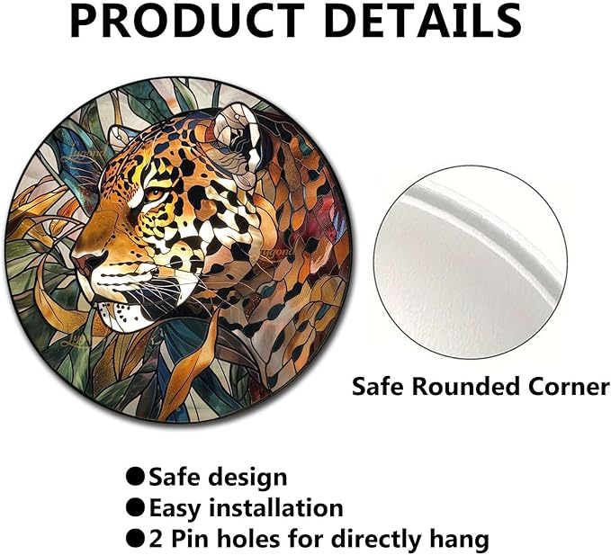 Lygond Metal Sign Tin Sign Circular Stained Glass Jaguar Boho Bedroom Decorations for Yard 12×12 Inches