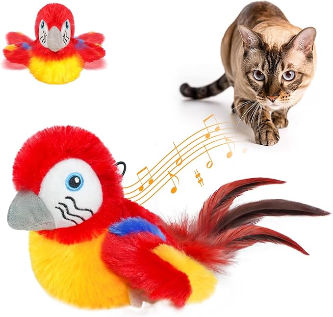 Vannon Cat Toys Flapping Bird(Cannot Fly), Rechargeable Touch Activated Kitten Toy Interactive Cat Exercise Toys with Catnip and Feather for Indoor Cat - Red
