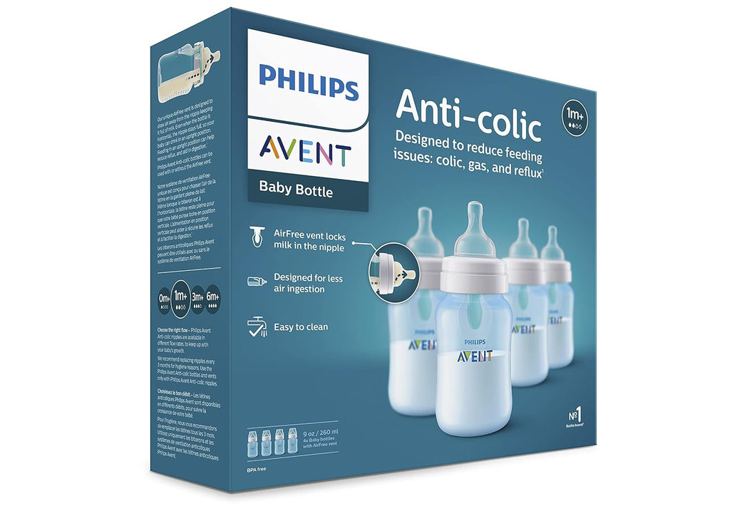 Philips Avent Anti-Colic Baby Bottle with AirFree Vent, Medium Flow 2 Nipple, 1m+, 9oz, 4 Pack, Pink, SCY703/14