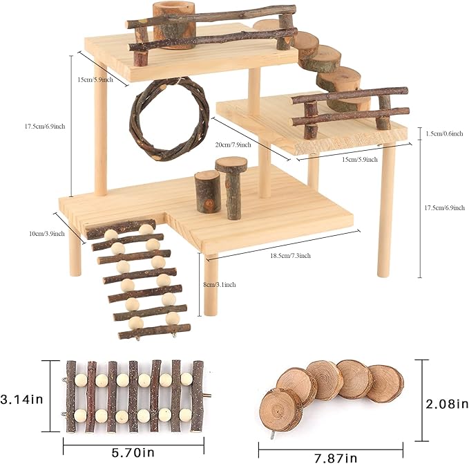 HOSUKKO Hamster Climbing Toys 3-Tier Extra Large Hamster Playground Natural Wooden Small Animal Platform Toys Hamster Exercise Activity Climbing Platform with Bridge for Gift
