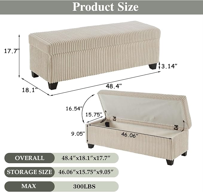 48" Ottoman with Storage, Corduroy Storage Ottoman Bench for Bedroom, End of Bed Bench with Safety Hinge for Living Room, Bedroom, Entryway, Beige