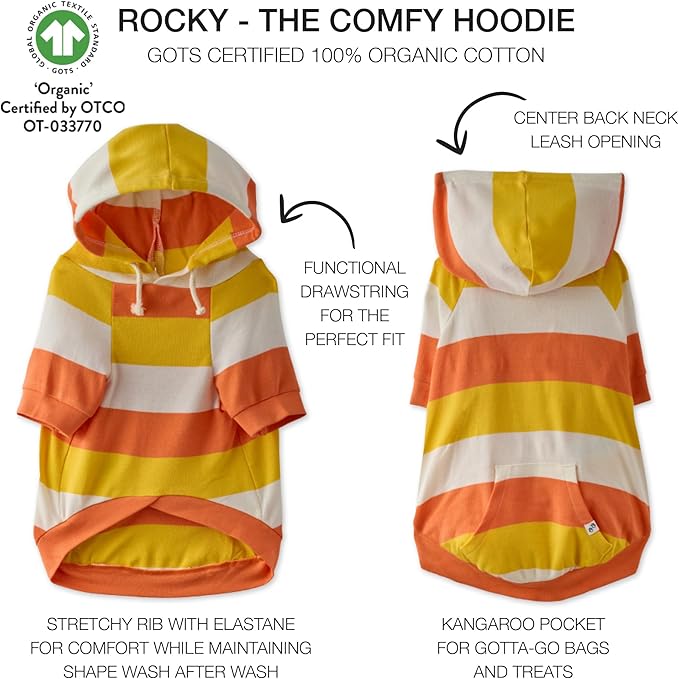 Rocky – The Orginal Lightweight Hooded TEE 100% Organic Cotton Dog Hoodie Pet Coat Sweater for Small, Medium, Large Dogs, Candy Corn, XX-Small