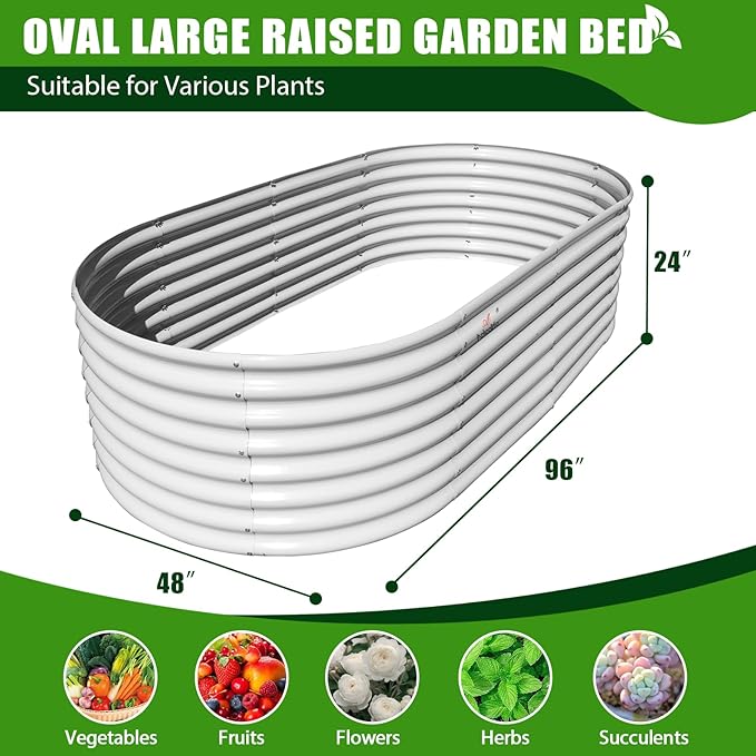 A ANLEOLIFE 8X4X2 ft Galvanized Raised Garden Beds Outdoor, Oval Large Metal Deep Root Planter Box for Planting Vegetables Flowers Herb, Anti-Rust & Easy-Setup, Antique White