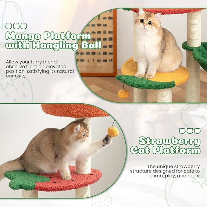 Happy & Polly Cute Cat Tree - 40.5" Fruit World Cat Tower for Indoor Cats, Cat Tree Condo with Sisal Scratching Posts, Cozy Hammock, Plush Strawberry Perches, Kitten Cat Trees Towers Activity Center