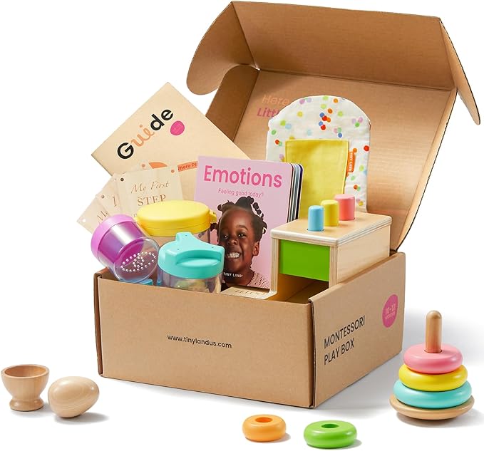 Tiny Land Montessori Toy Set for Babies 1 Year Old Thinker Play Kit- 5-in-1 Wooden Learning Toys with Peg Drop Box, Rocking Stacker, Egg Cup, Canister Set, and Crinkle Bag