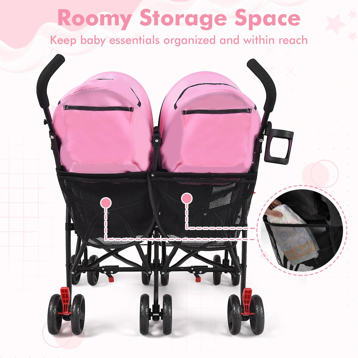 BABY JOY Double Umbrella Stroller, Lightweight Travel Side by Side Twin Stroller with Large Storage, Cup Holder, 5-Point Safety Harness, Adjustable Canopy & Compact Fold for Infant and Toddler (Black)