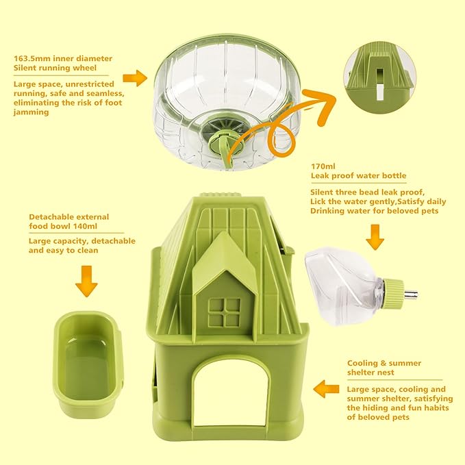 4 in 1 Silent Large Hamster Wheel Multifunctional Hamster Running Wheel Quite Running Spinner Wheel Accessories with Food Bowl Water Bottle for Hamsters Dwarf Gerbil (Green)