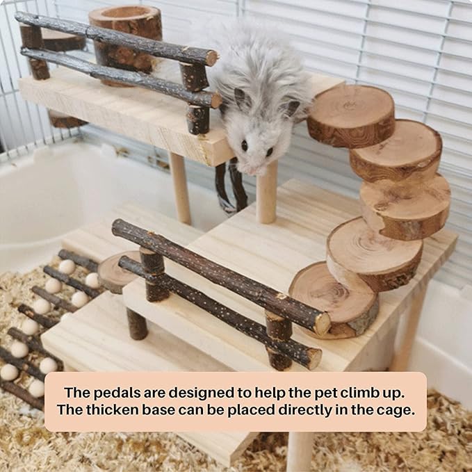HOSUKKO Hamster Climbing Toys 3-Tier Extra Large Hamster Playground Natural Wooden Small Animal Platform Toys Hamster Exercise Activity Climbing Platform with Bridge for Gift