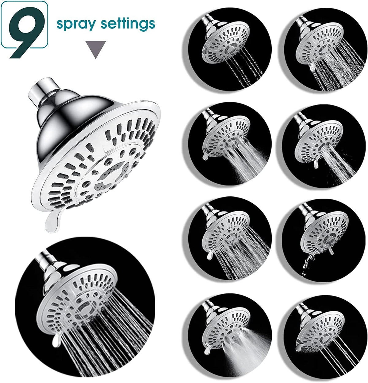 9-Spray Rain Shower Head-Angle Adjustable Fixed Shower Head