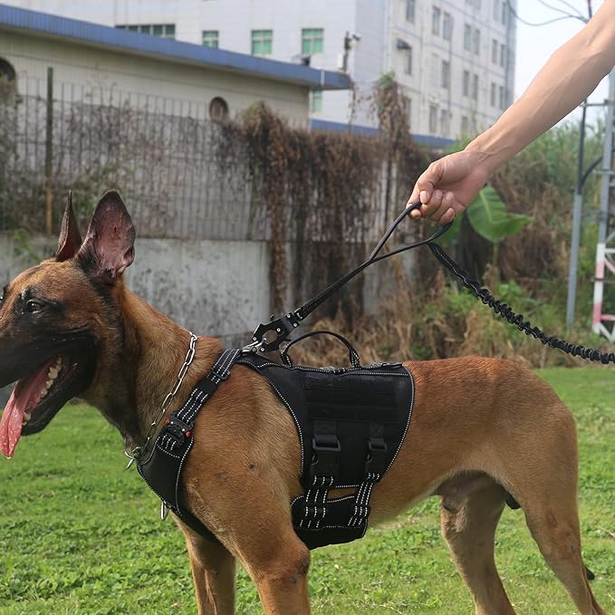 ICEFANG Tactical Dog Leash,K9 Training Walking Bungee Lead with 2 Control Handle,Heavy Duty Quick Release Metal Clasp,Hands Free D-Ring for Medium Large Dogs (6ft,Reflective Black)