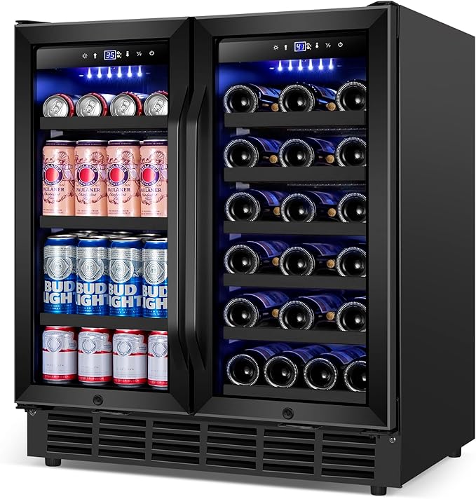 30 Inch Wine and Beverage Refrigerator, Upgrade Dual Zone Wine Cooler, 30'' Wine beverage Fridge Built in or Freestanding Under Counter Large Capacity Glass Door Advanced Cooling System,Black