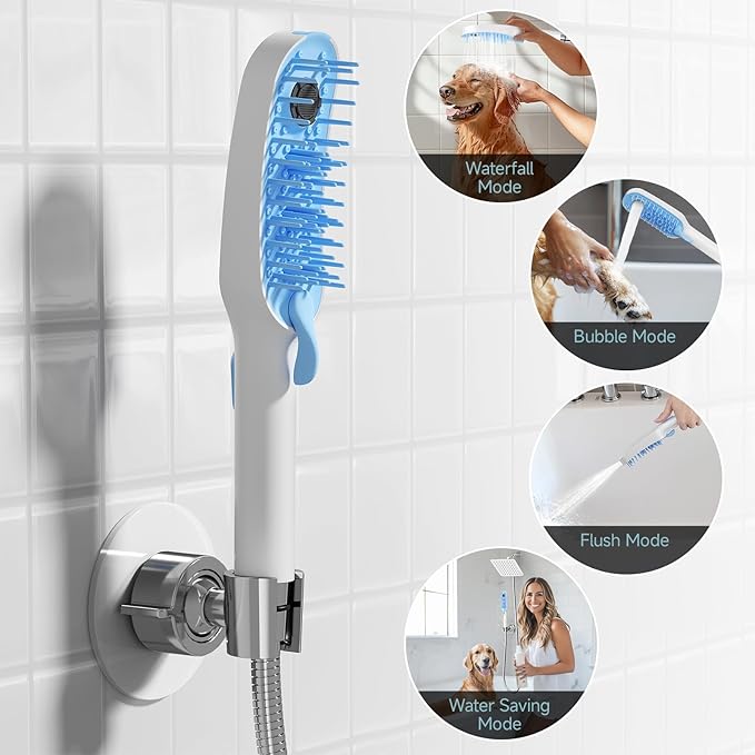 SR SUN RISE Dog Shower Attachment with 4 Adjustable Spray Modes, Pet Shower Attachment Hose for Easy Installation, Dog Shower for Bathing and Grooming, Indoor/Outdoor Use, 6.5-Foot Hose, Blue/White