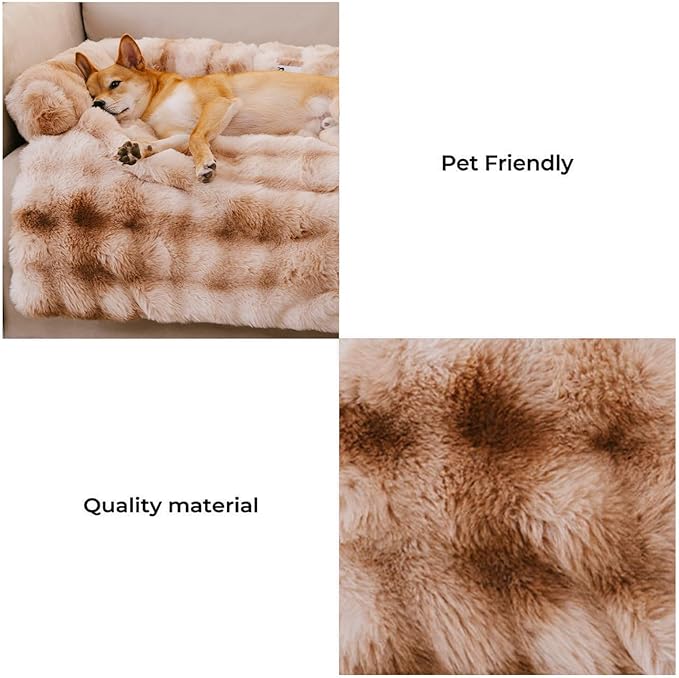 FUNNY FUZZY Pet Fluffy Plush Calming Dog Couch Bed Sofa Protector Washable Pets Mat for Large Medium Small Dogs and Cats (Tie-dye Brown,47.24 × 37.4 × 6.3 in)