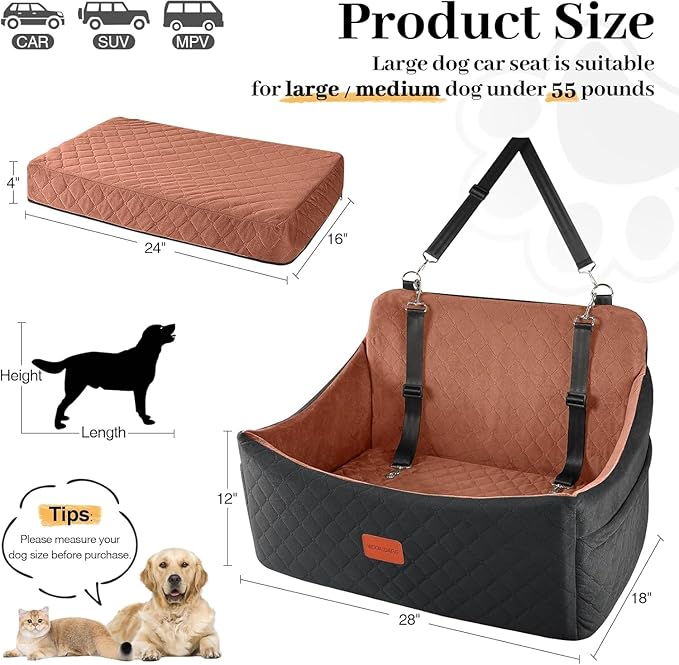 Dog Car Seat for Medium & Large Dogs Up to 55lbs, Memory Foam Cushion, Washable Cover, Safety Straps & Non-Slip Bottom(Black/Brown,Large)