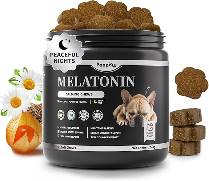 Melatonin for Dogs, Calming Chews with Valerian Root & L-Theanine for Sleep Aid & Emotional Support, Calming Treats for Stress Anxiety Relief, Thunder, Fireworks, Barking, Chicken Flavor, 90Ct