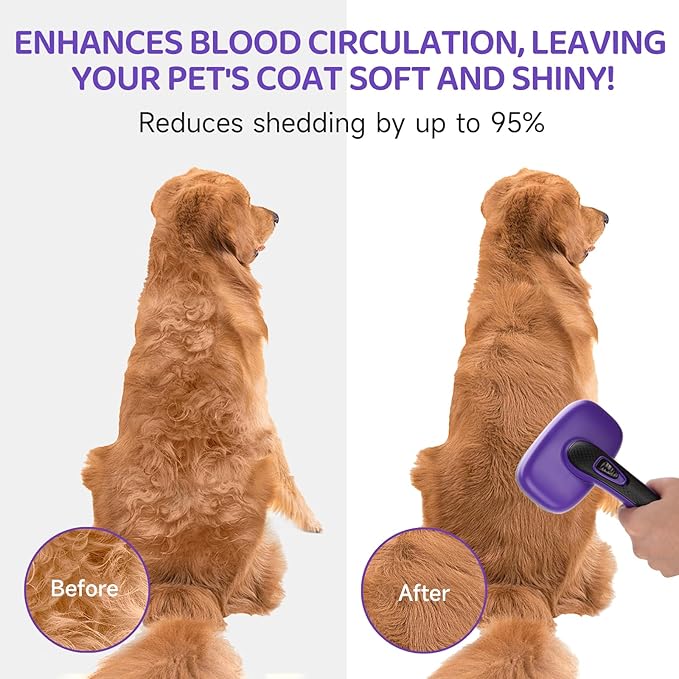 Dog Brush Kit – 3 PCS Grooming Set with Self-Cleaning Brush, Undercoat Rake & Pet Bath Brush. Great for Shedding, Tangles & Dirt Removal – Ideal for Long & Short Haired Dogs & Cats, Purple