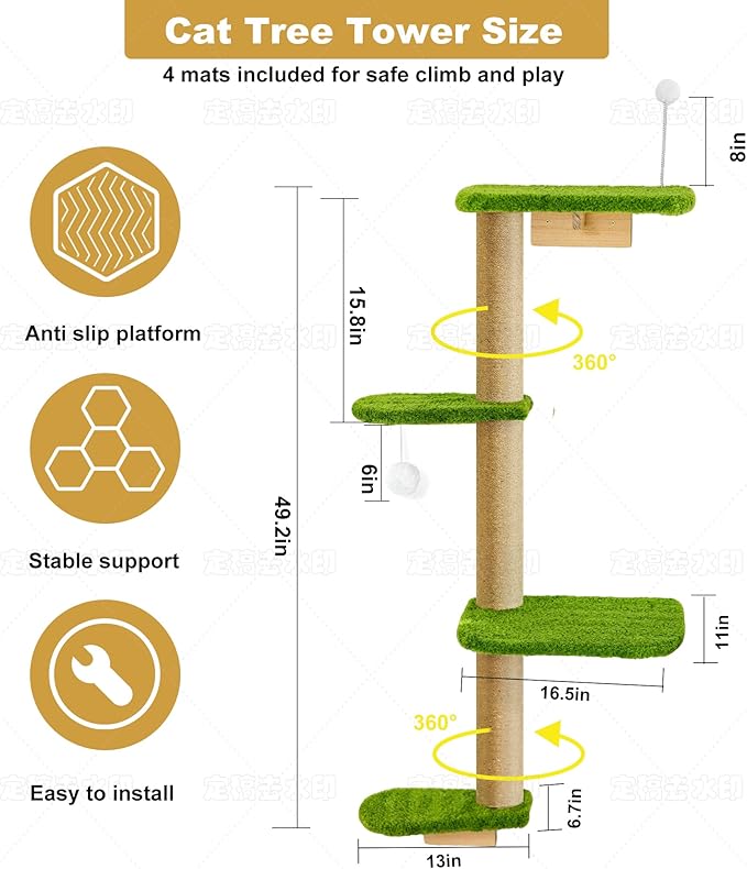 Cat Wall Climber and Floating Shelves, Wall Mounted Cat Tree for Kittens & Cats Up to 30lbs, 4-Tier Adjustable Design with Green Plush Pads