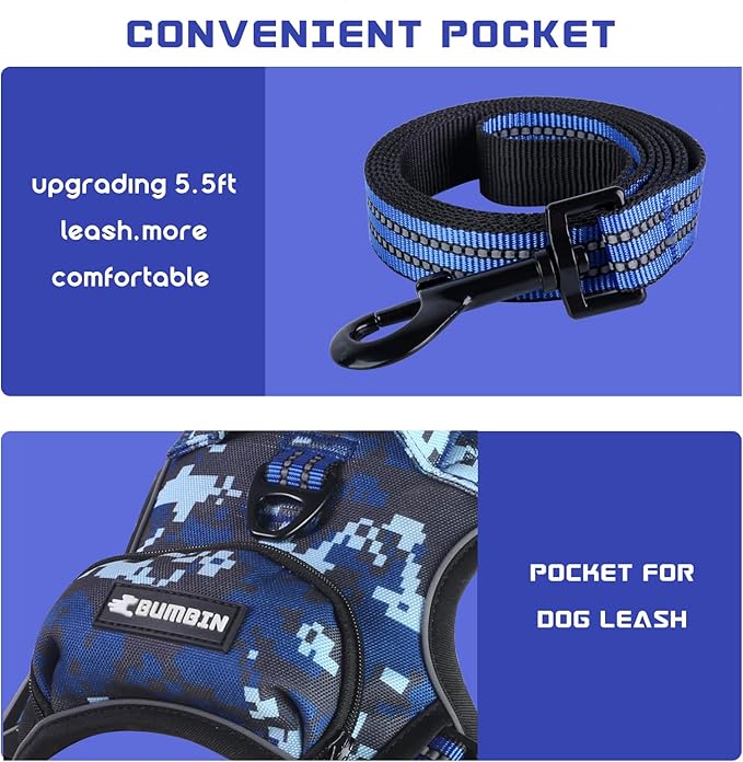 BUMBIN Dog Harness for Large Dogs, No Pull Adjustable No Choke Pet Vest with Dog Leash Fit Smart Reflective Pet Walking Harness for Training Easy Control Soft Handle Denim Blue L