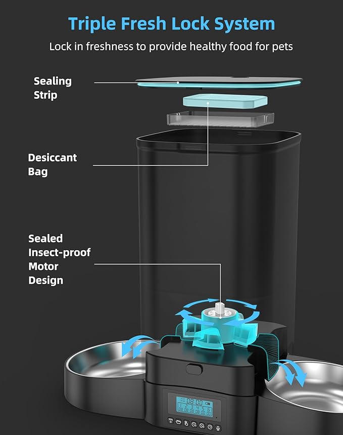 HoneyGuaridan 5L Automatic Cat Feeder for Two Cats, Cat Food Dispenser with Stainless Steel Bowl,Timed Feeder Programmable 1-6 Meals Control, Dual Power Supply,Desiccant Bag Black