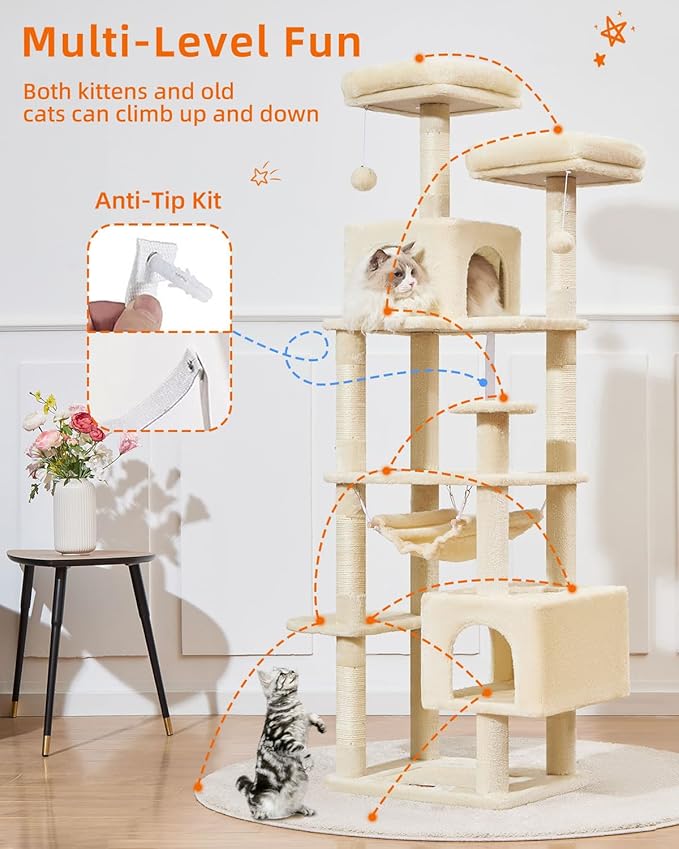 Taoqimiao Cat Tree, 68-Inch Cat Tree Cat Tower for Indoor Cats, Plush Multi-Level Cat Condo with 6 Scratching Posts, 2 Perches, 2 Caves,Hammock, 3 Pompoms,MS020SM Beige