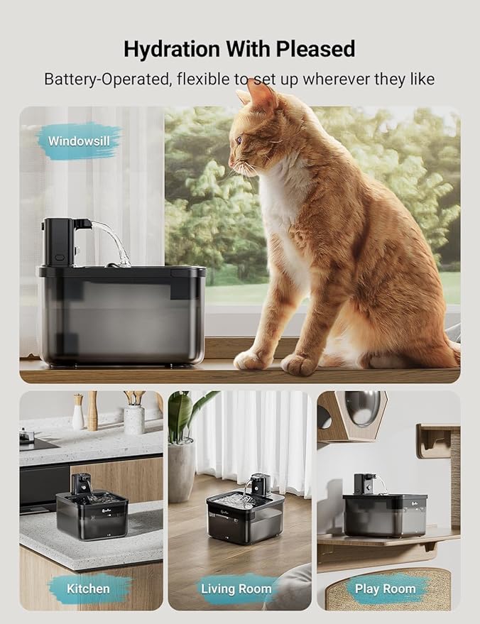 DownyPaws Cat Water Fountain Cordless, 84oz/2.5L Fursink Wireless Pet Water Fountains for Cats Indoor, Battery Operated Cat Drinking Fountain with Motion Sensor, Ultra Quiet Pump, BPA-Free, Black